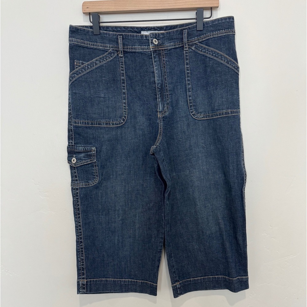 Chicos Platinum Denim Cargo Capris Dark Stretch Cropped Utility Pants Y2K 14 2.5